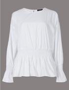 Marks & Spencer Pure Cotton Ruched Long Sleeve Blouse Soft White