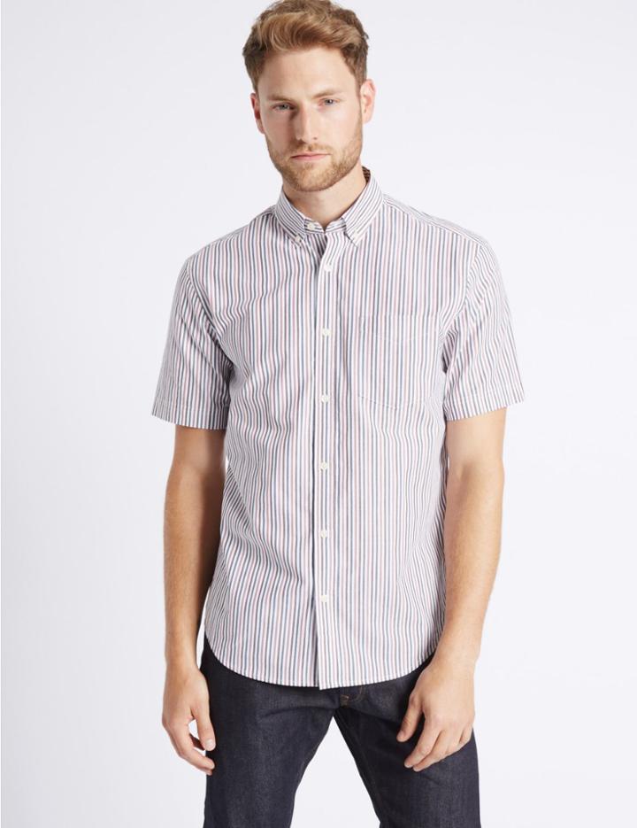 Marks & Spencer Pure Cotton Striped Shirt With Pocket Oxblood