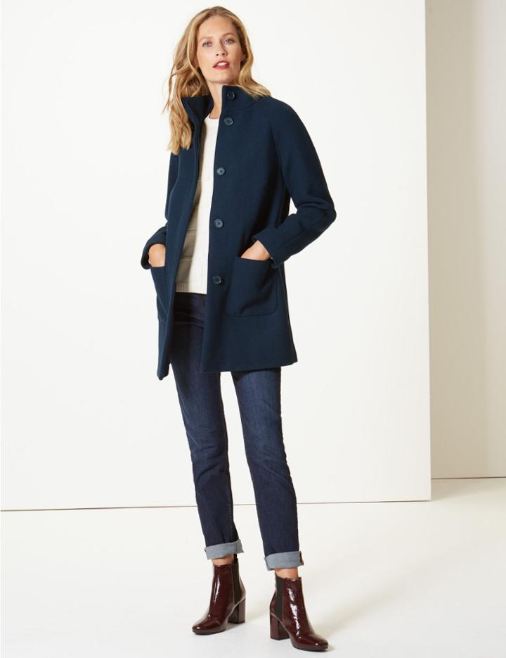 Marks & Spencer Wool Rich Funnel Neck Coat Navy