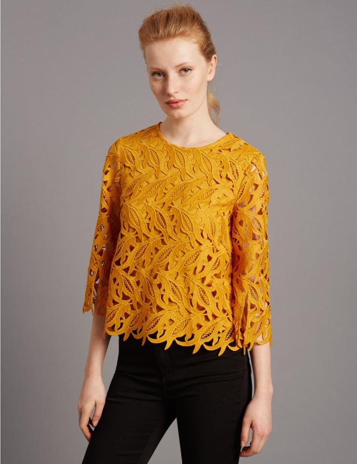 Marks & Spencer Floral Lace 3/4 Sleeve Shell Top Yellow