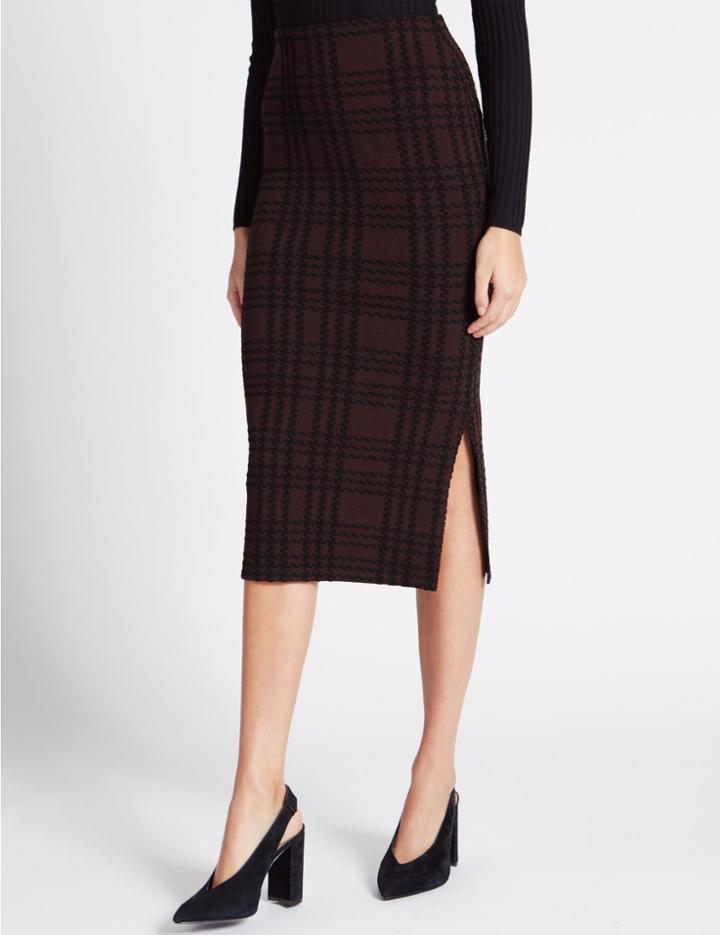 Marks & Spencer Checked A-line Midi Skirt Burgundy Mix