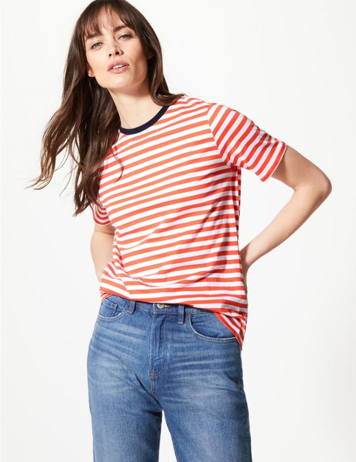 Marks & Spencer Pure Cotton Striped Short Sleeve T-shirt Orange Mix
