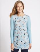 Marks & Spencer Floral Print Rib Sleeve Round Neck Tunic Blue Mix