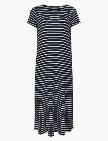 Marks & Spencer Curve Striped T-shirt Maxi Dress Navy Mix