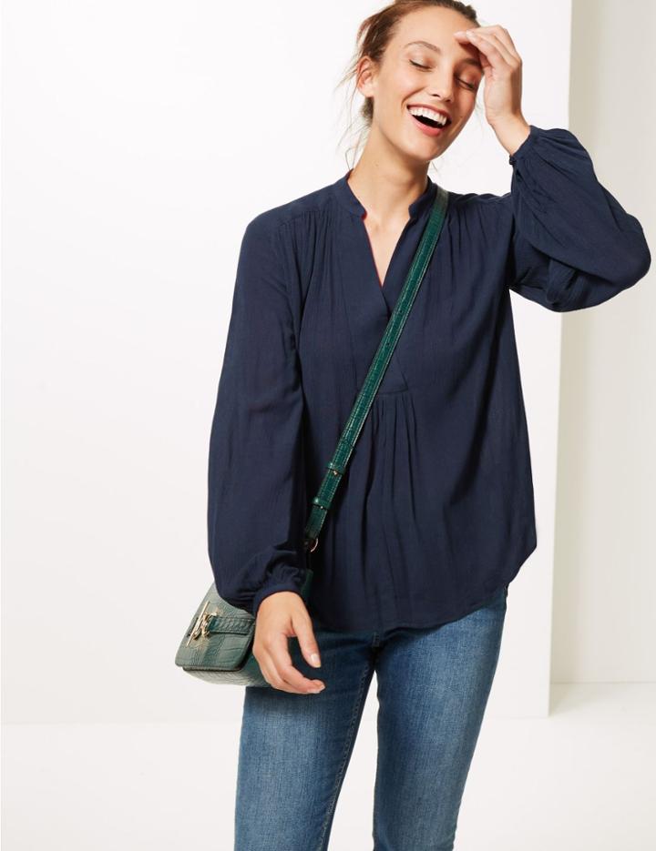 Marks & Spencer Crinkle Notch Neck Long Sleeve Blouse Navy