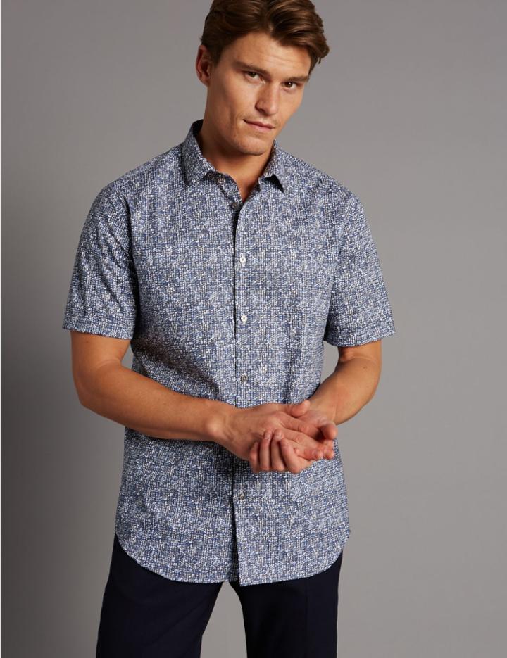 Marks & Spencer Pure Cotton Slim Fit Textured Shirt Blue