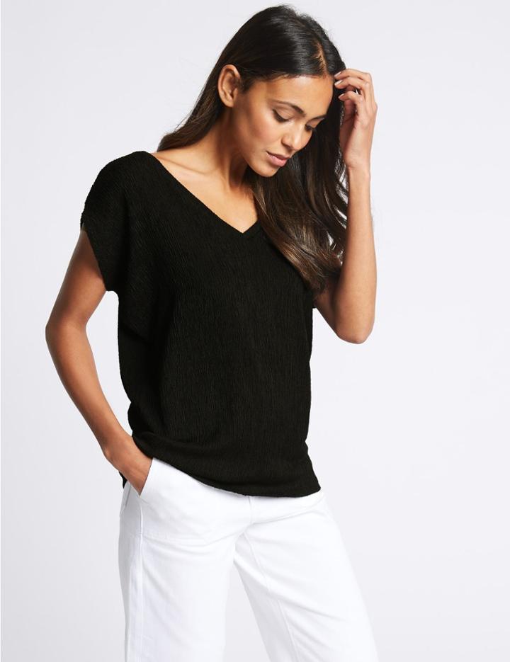 Marks & Spencer Textured V-neck Short Sleeve Top Black