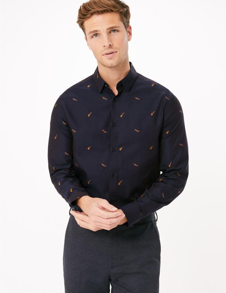 Marks & Spencer Cotton Trumpet Print Party Shirt Blue/black