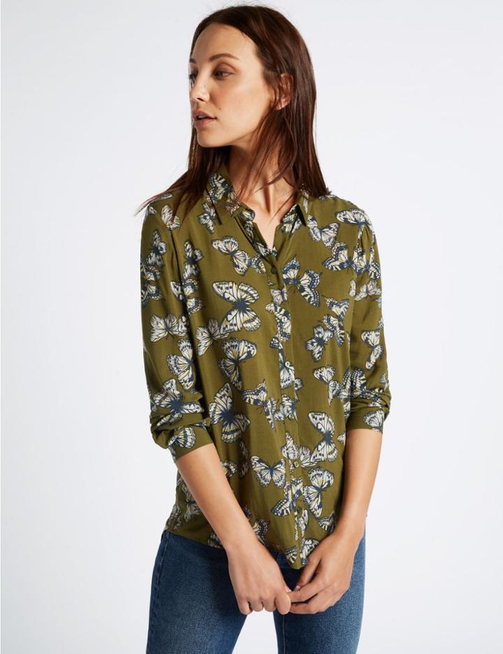 Marks & Spencer Butterfly Print Long Sleeve Shirt Lime Mix