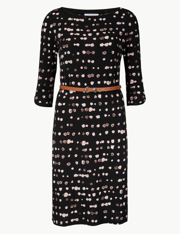 Marks & Spencer Polka Dot Jersey 3/4 Sleeve Shift Dress Black Mix