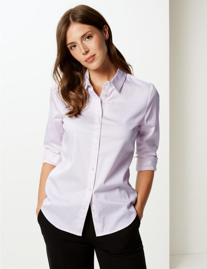 Marks & Spencer Cotton Rich Striped Long Sleeve Shirt Pink Mix