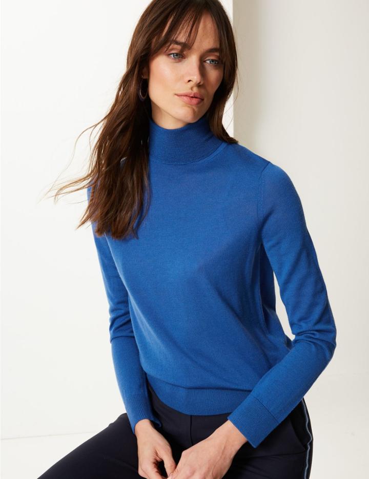 Marks & Spencer Pure Merino Wool Roll Neck Jumper Azure Blue