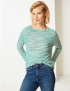 Marks & Spencer Striped Round Neck Long Sleeve Top Green Mix