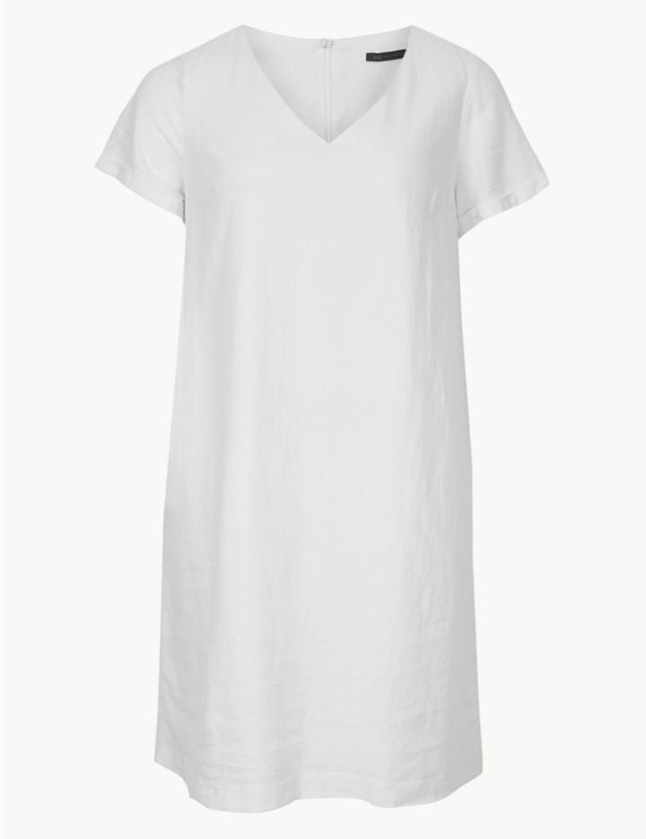 Marks & Spencer Curve Linen Rich Short Sleeve Shift Dress Ivory