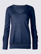 Marks & Spencer Dipped Hem V-neck Ruched Sleeve Jumper Navy