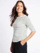 Marks & Spencer Pure Cotton Striped 3/4 Sleeve T-shirt Khaki