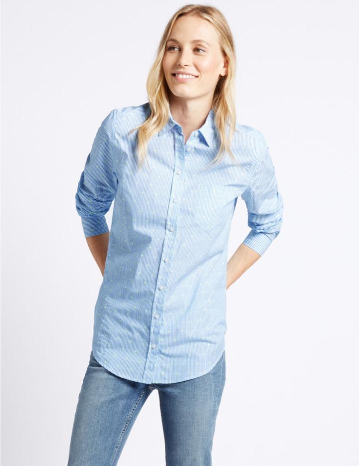 Marks & Spencer Pure Cotton Embroidered Spot Striped Shirt Blue Mix