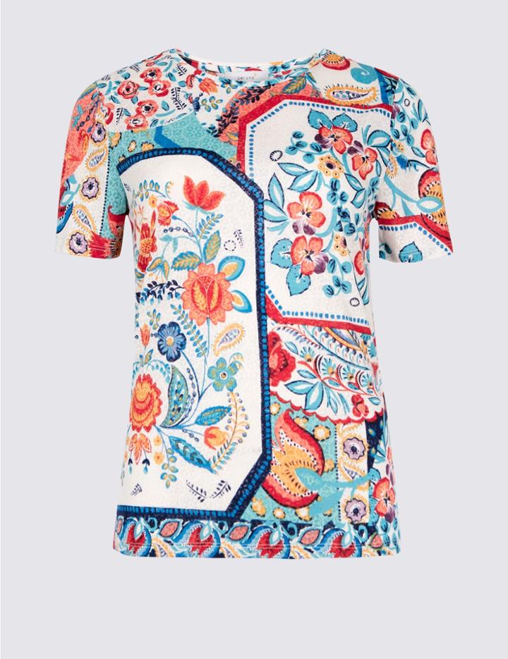 Marks & Spencer Printed Round Neck Short Sleeve T-shirt Blue Mix