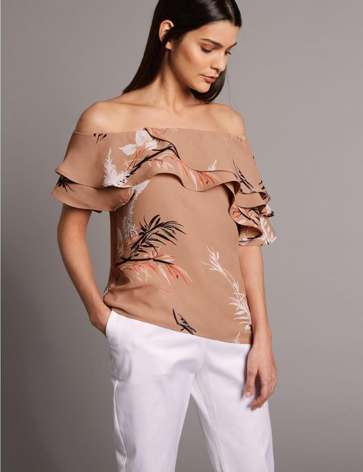 Marks & Spencer Printed Half Sleeve Bardot Top Latte