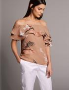 Marks & Spencer Printed Half Sleeve Bardot Top Latte