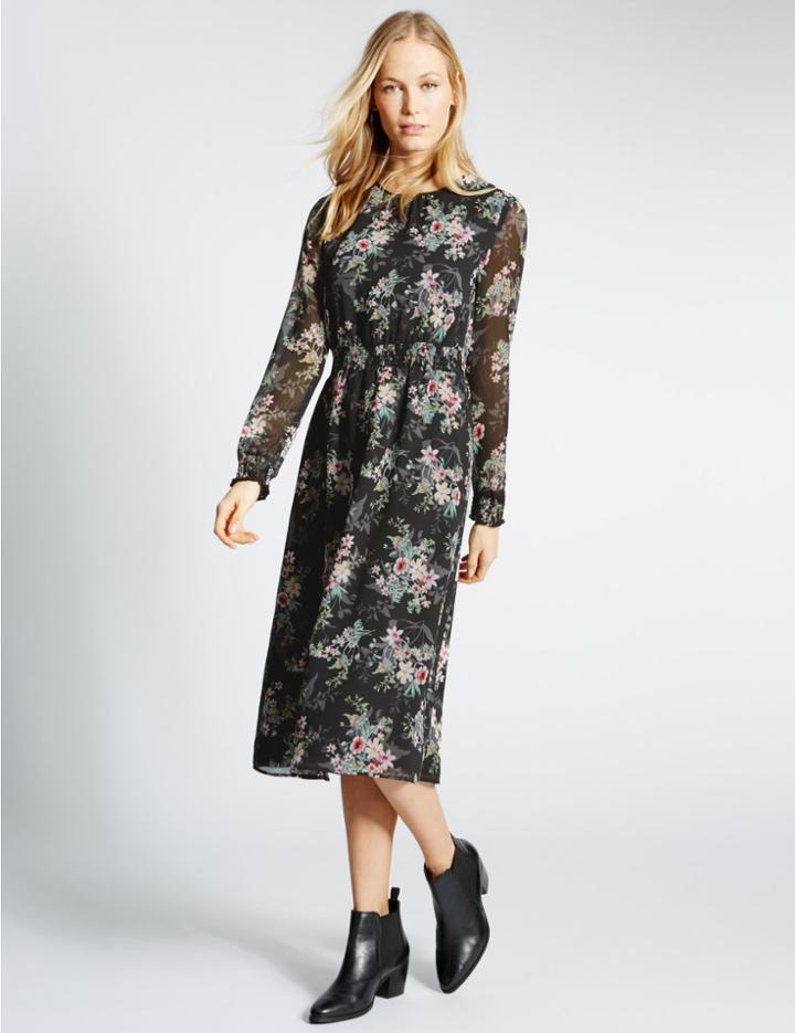 Marks & Spencer Shadow Floral Print Long Sleeve Midi Dress Black Mix