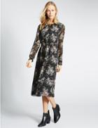 Marks & Spencer Shadow Floral Print Long Sleeve Midi Dress Black Mix