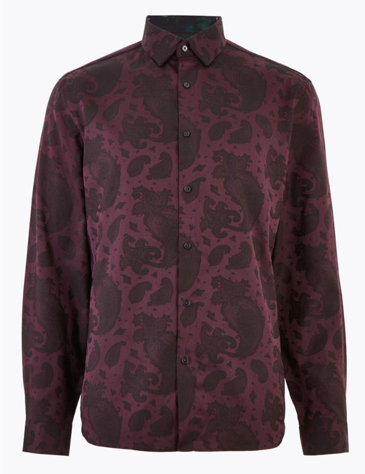 Marks & Spencer Pure Cotton Paisley Jacquard Shirt Burgundy Mix