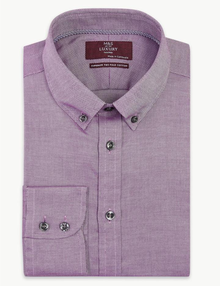Marks & Spencer Cotton Tailored Fit Easy To Iron Oxford Shirt Plum Mix
