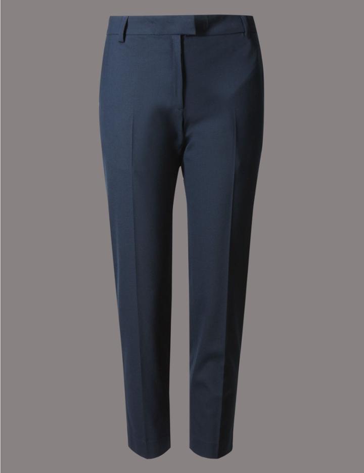 Marks & Spencer Petite Wool Blend Tapered Leg Trousers Navy