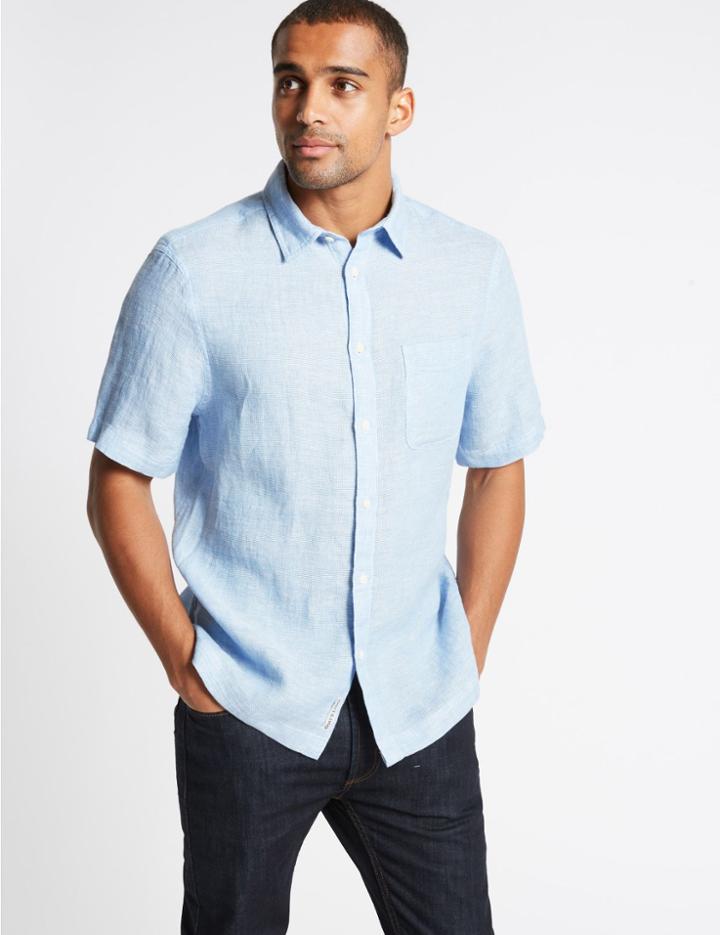 Marks & Spencer Pure Linen Textured Shirt With Pocket Light Blue