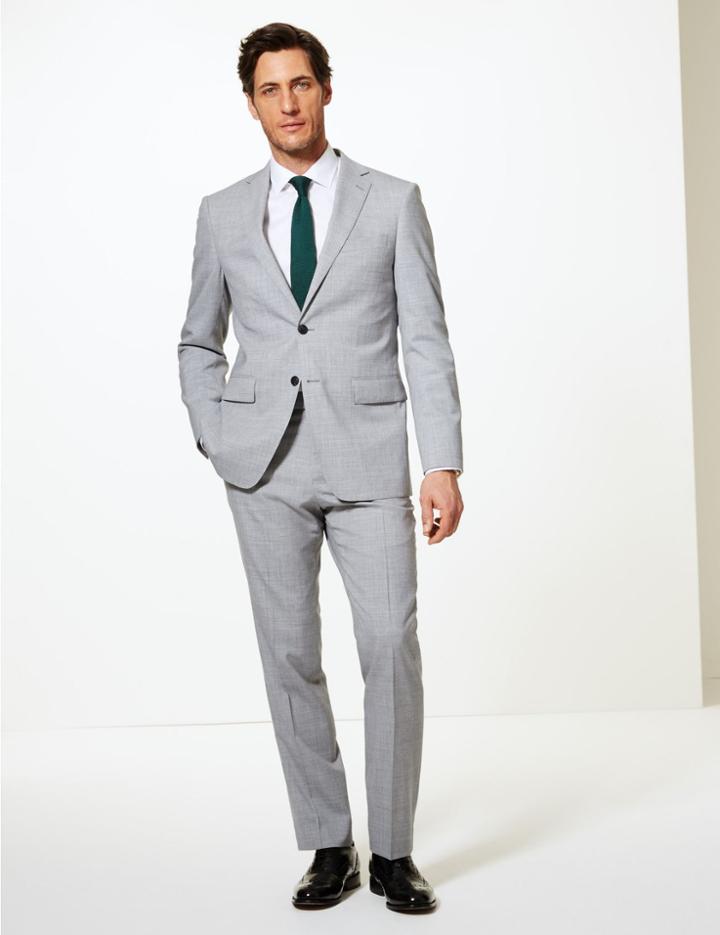 Marks & Spencer Grey Textured Regular Fit Wool Trousers Grey