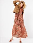 Marks & Spencer Pure Cotton Printed Tiered Shirt Maxi Dress Caramel Mix