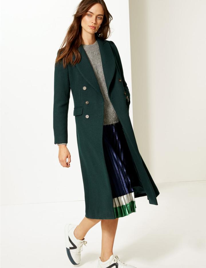 Marks & Spencer Wool Blend Double Breasted Coat Pine Green