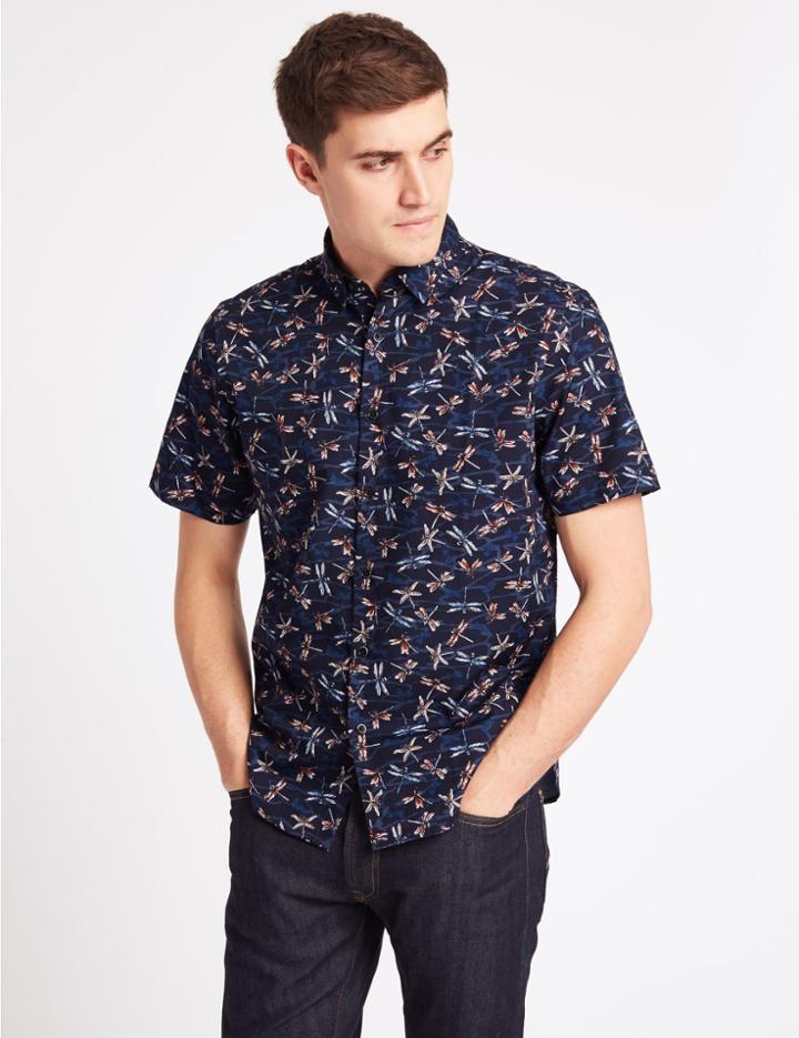 Marks & Spencer Pure Cotton Dragonfly Print Shirt Dark Midnight