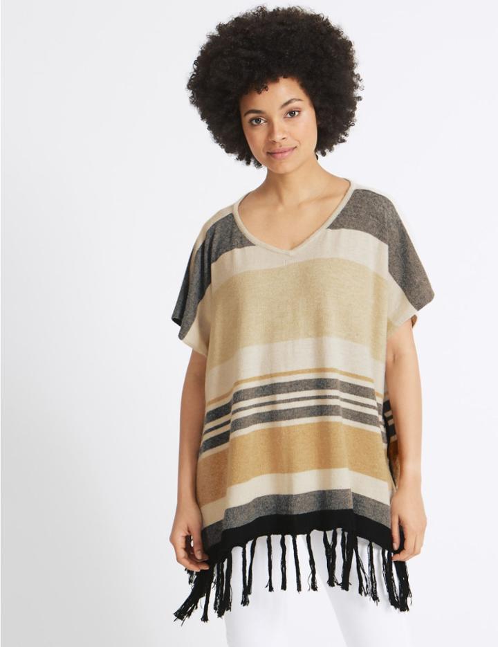 Marks & Spencer Striped Tassel Poncho Natural Mix