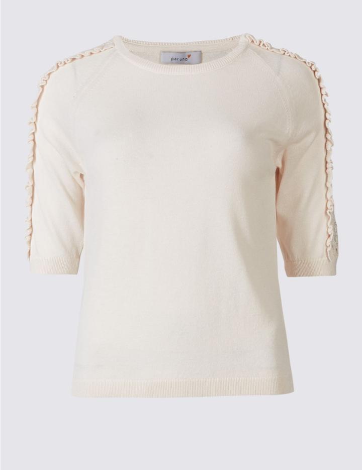 Marks & Spencer Lace Applique Round Neck Half Sleeve Jumper Ivory