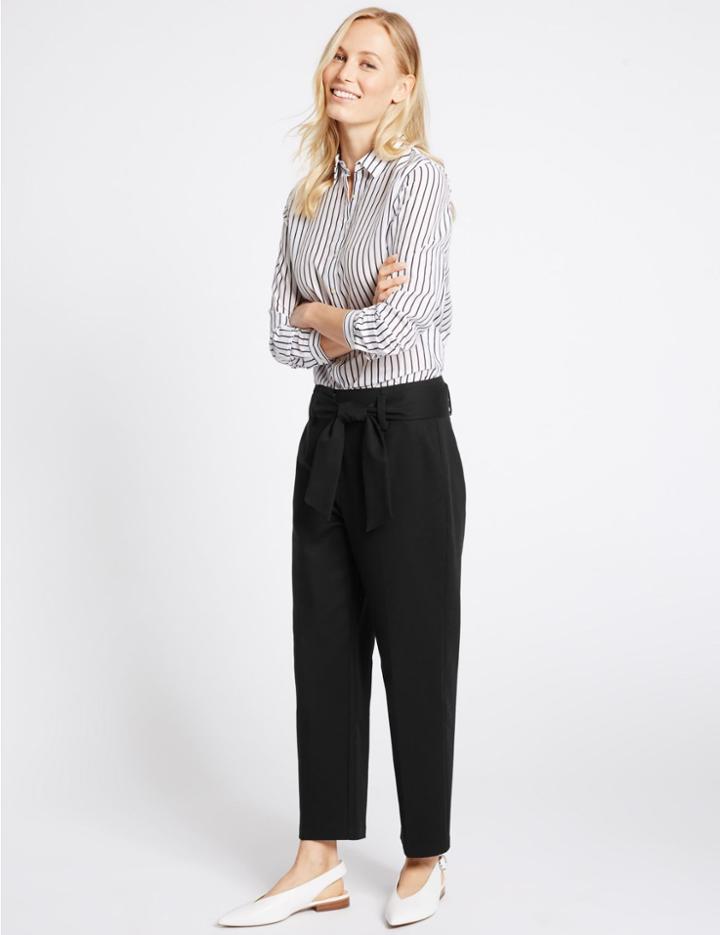 Marks & Spencer Cotton Rich Tie Front Straight Leg Trousers Black