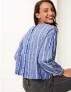 Marks & Spencer Striped Round Neck Long Sleeve Blouse Blue Mix