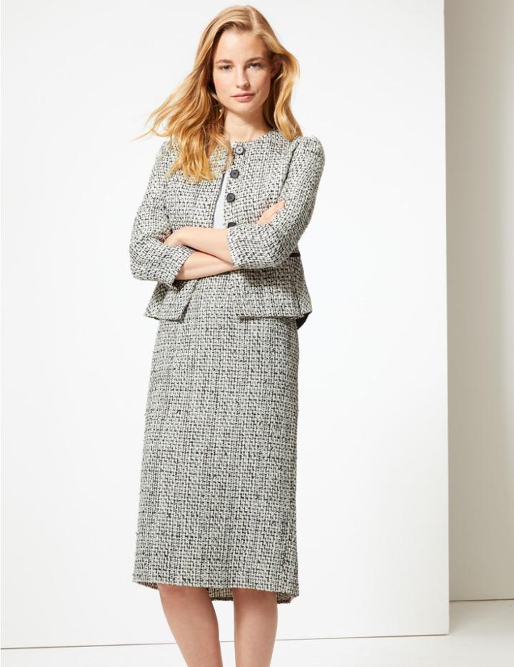 Marks & Spencer Cotton Blend Checked Pencil Skirt White Mix