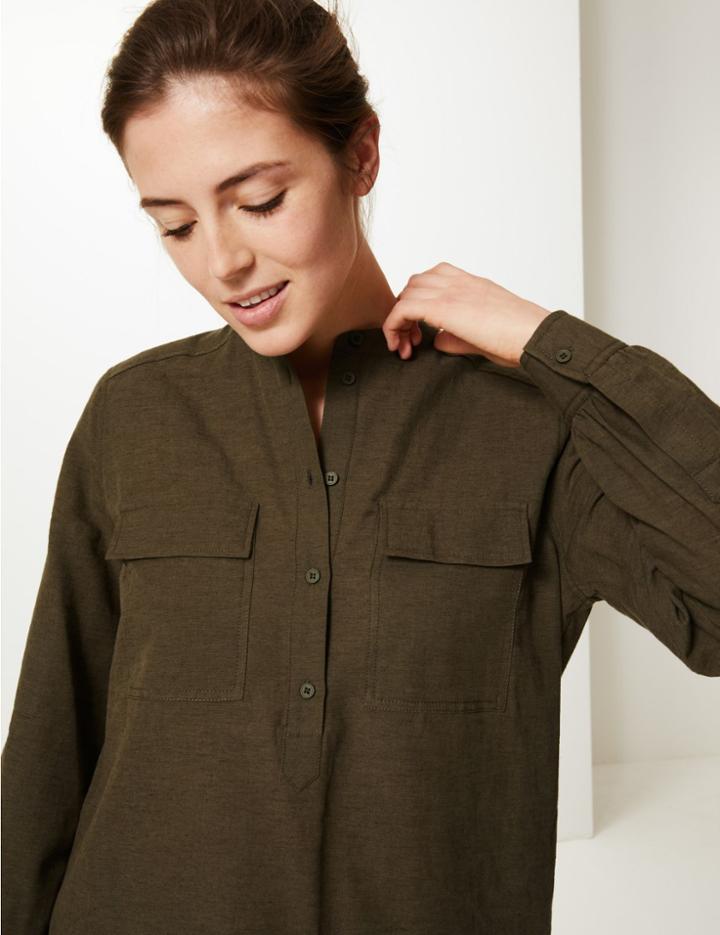 Marks & Spencer Utility Long Sleeve Top With Linen Charcoal