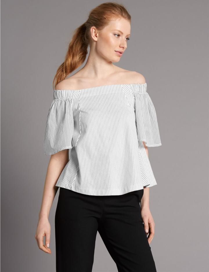 Marks & Spencer Pure Cotton Striped Half Sleeve Jersey Top White Mix