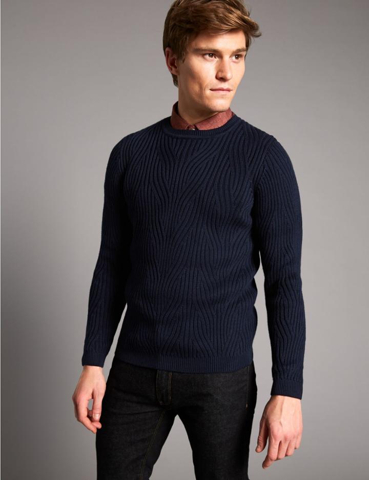 Marks & Spencer Pure Cotton Textured Slim Fit Jumper Navy
