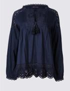 Marks & Spencer Pure Cotton Cutwork Peasant V-neck Blouse Navy