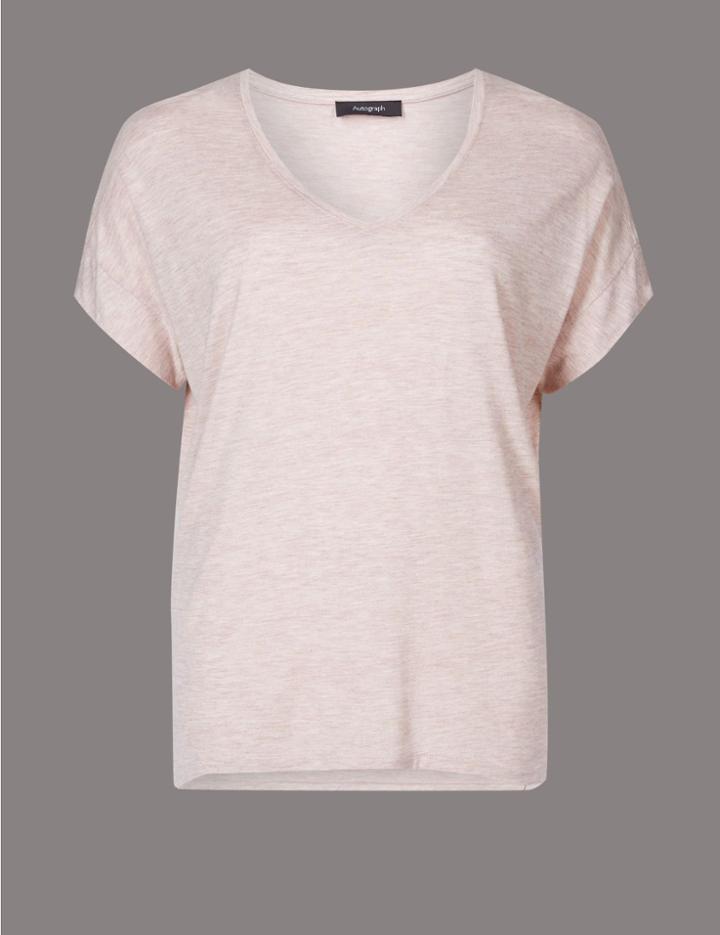 Marks & Spencer V-neck Short Sleeve T-shirt Oatmeal