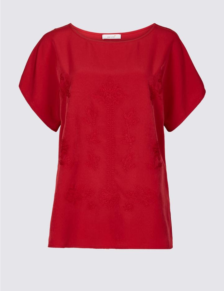 Marks & Spencer Embroidered Round Neck Short Sleeve T-shirt Dark Red