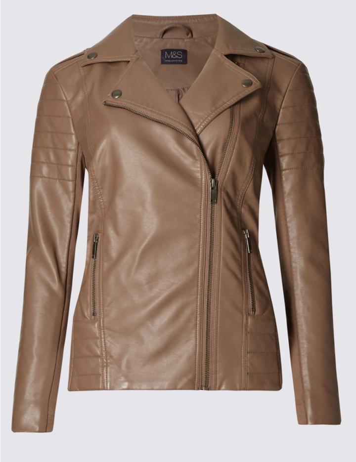 Marks & Spencer Faux Leather Stich Detail Biker Jacket Tan
