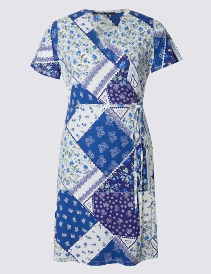 Marks & Spencer Plus Floral Print Wrap Dress Blue