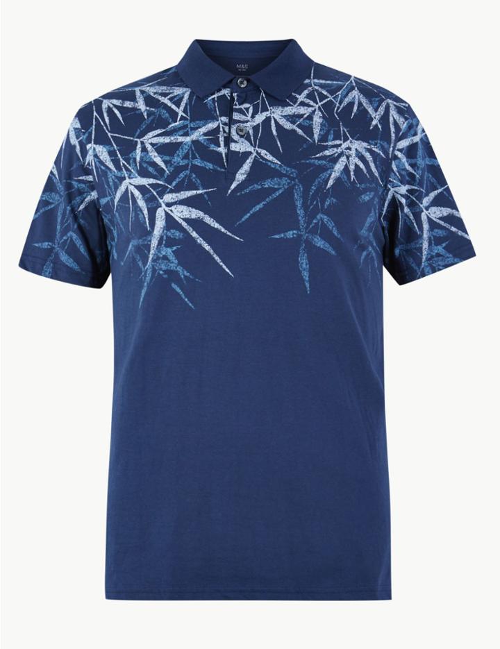 Marks & Spencer Cotton Leaf Print Polo Navy Mix