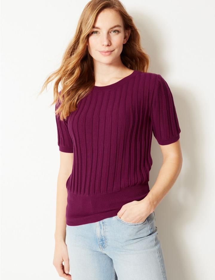 Marks & Spencer Textured Round Neck Knitted Top Magenta