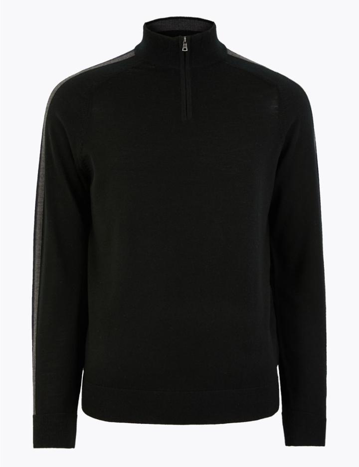 Marks & Spencer Pure Merino Wool Half Zip Jumper Black Mix